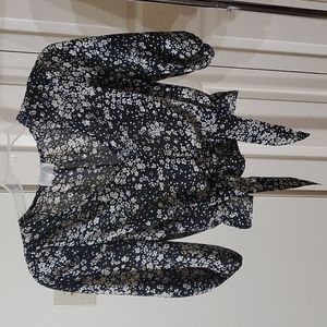 Black and cream floral puff sleeve blouse with tie front waist